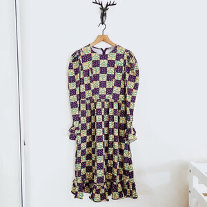 Batsheva Women's Purple/Yellow Checkered Floral Long Sleeve Dress Size 0